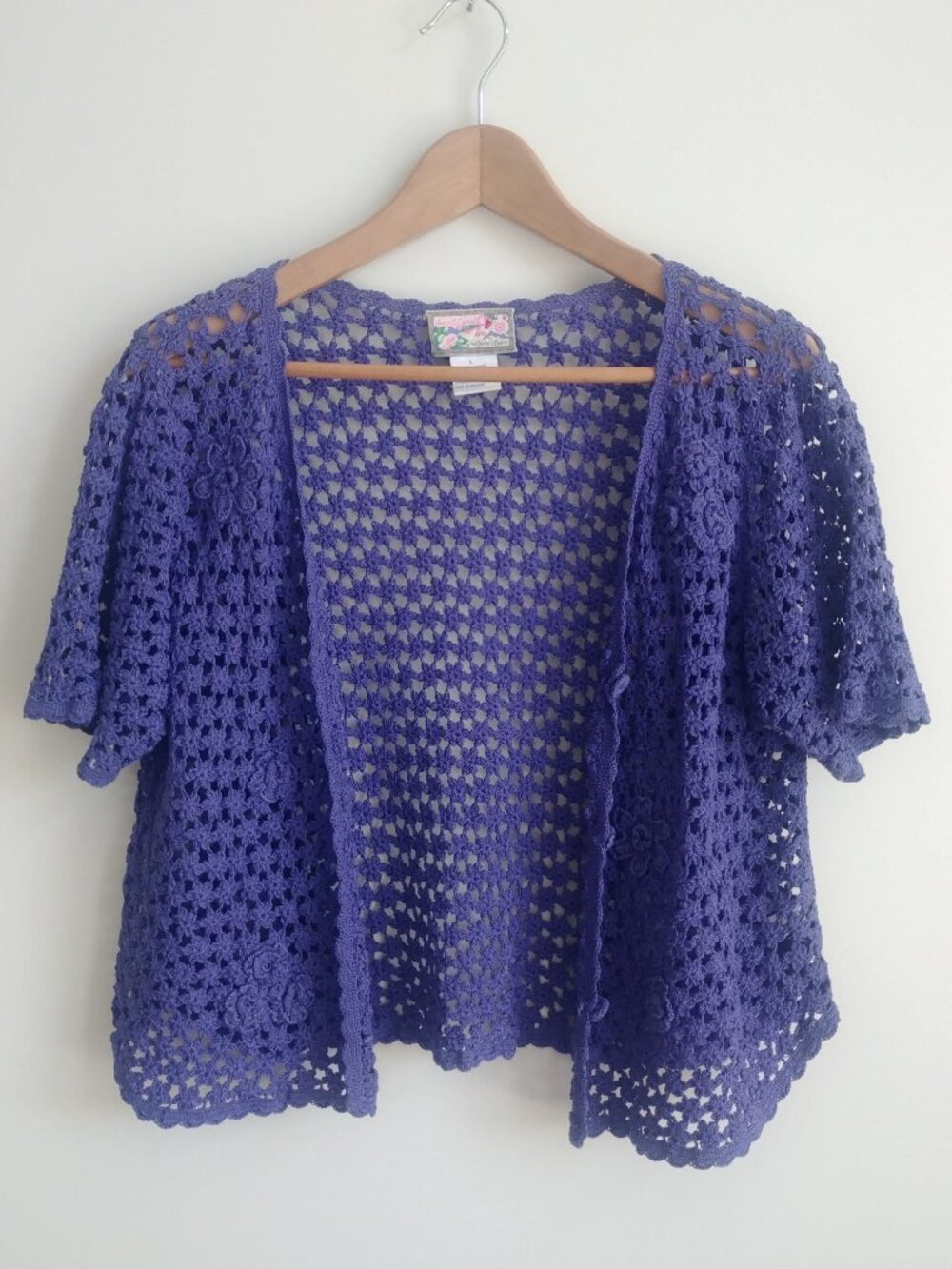 April Cornell Large 100% cotton periwinkle open crochet knit cardigan sweater